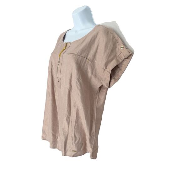 Ellen Tracy Blouse Size L Rosy Peach Shimmery Linen Blend Cuffed Sleeve Gold Zip - Picture 4 of 10